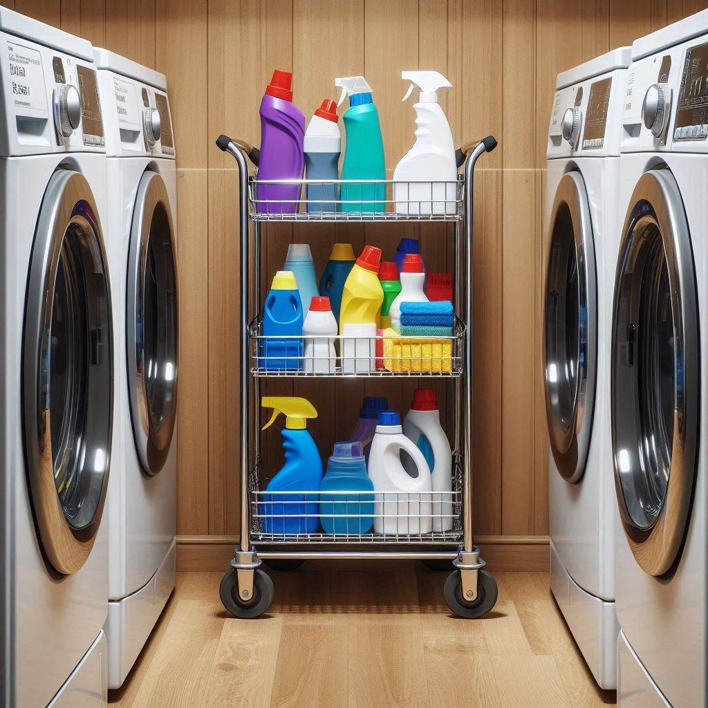 18 Smart & Stylish Laundry Room Ideas for Small Apartments 6 Slim Rolling Cart Between Machines