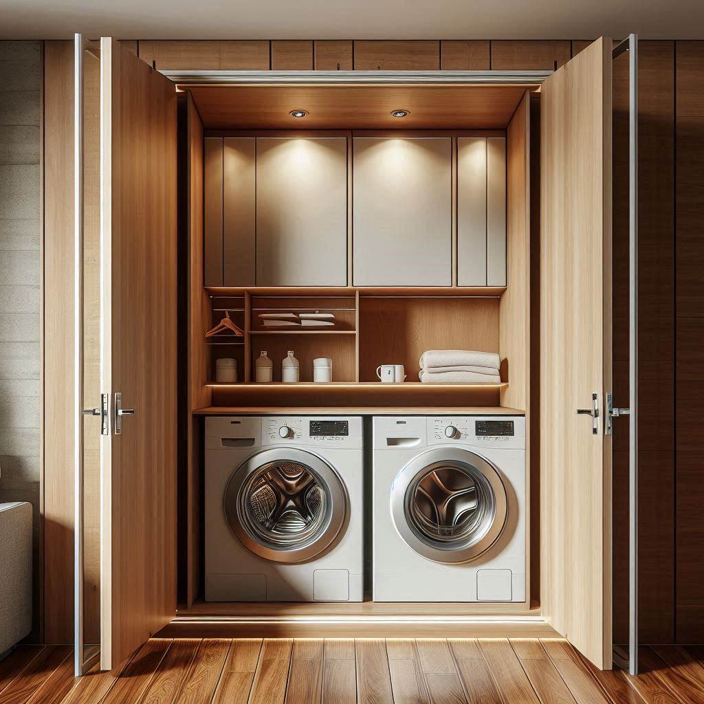 18 Small Laundry Room Ideas with Cabinets to Maximize Space and Style 17 Laundry Closet with Sliding Cabinet Doors