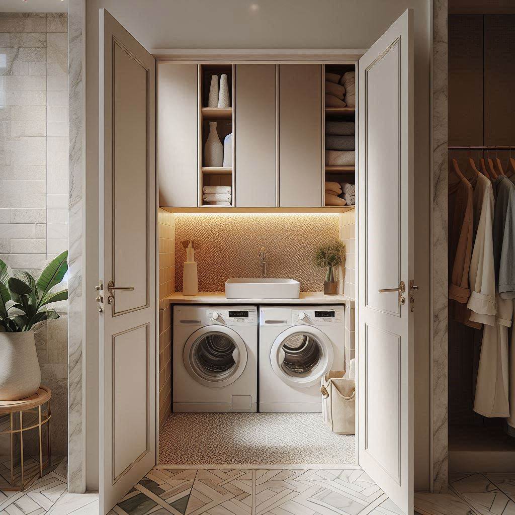 18 Small Laundry Room Ideas with Stackable Washer and Dryer 20 Utilize Pocket Doors