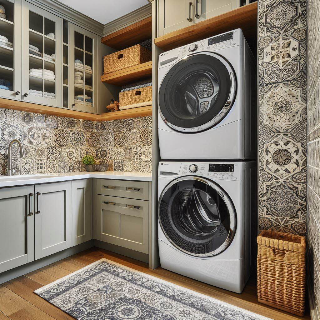 18 Small Laundry Room Ideas with Stackable Washer and Dryer 18 Add a Decorative Backsplash