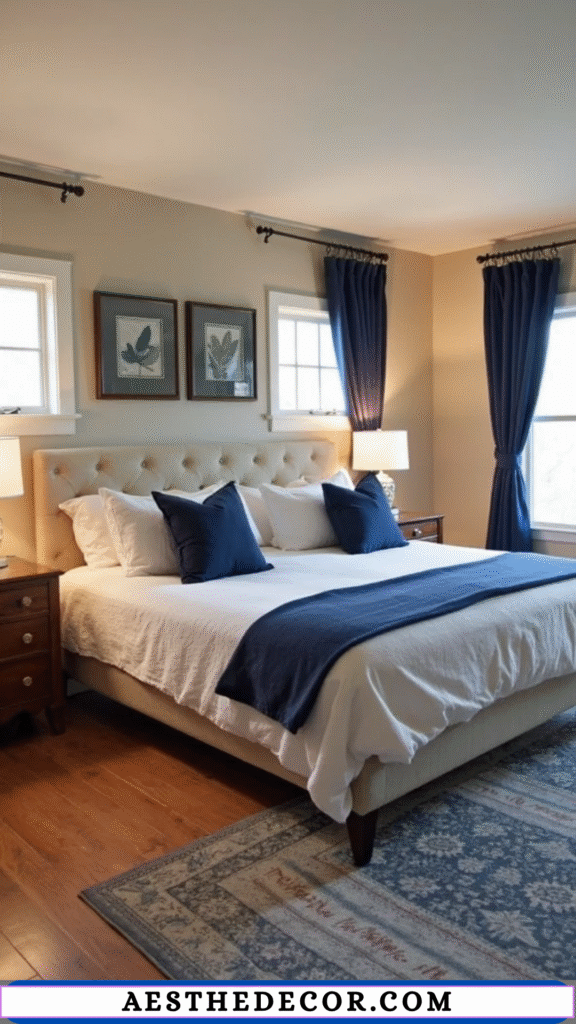 20 Modern Master Bedroom Color Combinations You’ll Love 3 Beige & Navy Blue