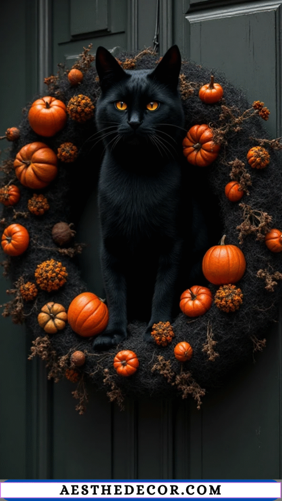 17 Spooky and Fun Halloween Dollar Tree Wreath Ideas 11 Black Cat Wreath