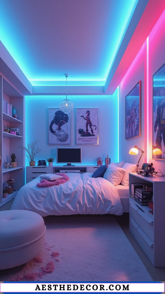 16 Easy Gamer Theme Bedroom Ideas Every Kid Will Love 9 Blue & Purple LED Lighting