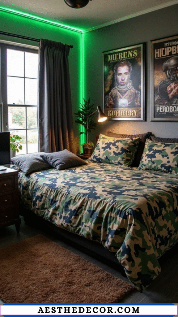 16 Easy Gamer Theme Bedroom Ideas Every Kid Will Love 11 Camo Bedding & Dark Tones