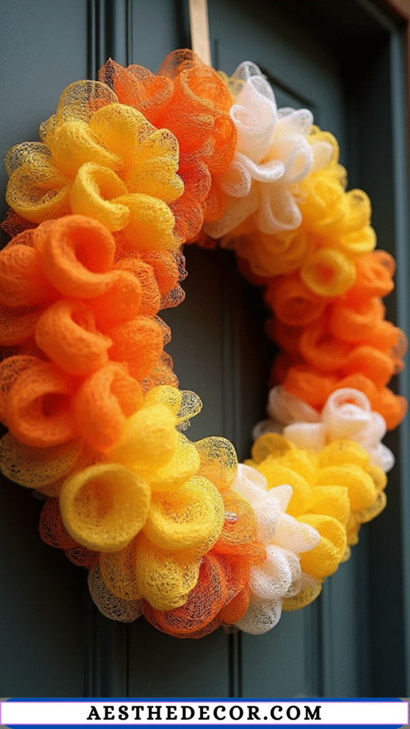 17 Spooky and Fun Halloween Dollar Tree Wreath Ideas 7 Candy Corn Wreath