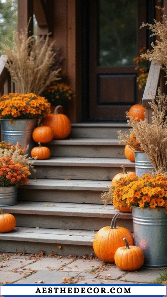 15 Cozy Fall Entryway Decor Ideas to Welcome the Season 11 Galvanized Buckets with Pumpkins