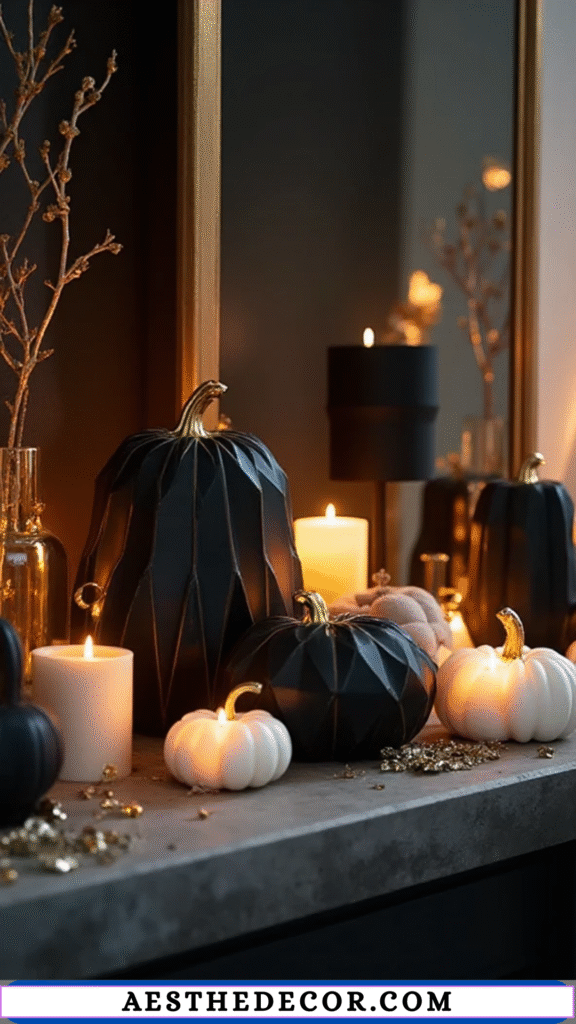 16 Halloween Mantel Decor Ideas for Every Style 5 Geometric Pumpkin Decor