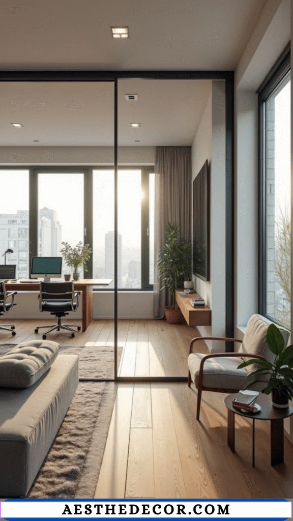 16 Home Office in Living Room Divider Ideas You’ll Love 5 Glass Panel Dividers