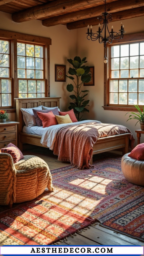 15 Cozy Fall Farmhouse Bedroom Decor Ideas 11 Layered Rugs and Cushions