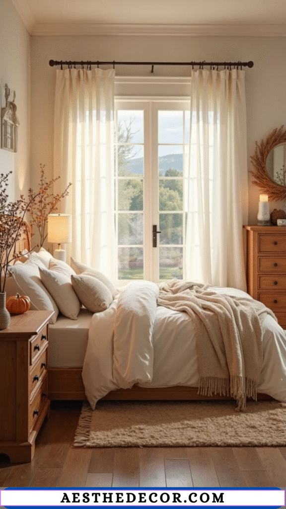 15 Cozy Fall Farmhouse Bedroom Decor Ideas 16 Light Curtains and Bedding