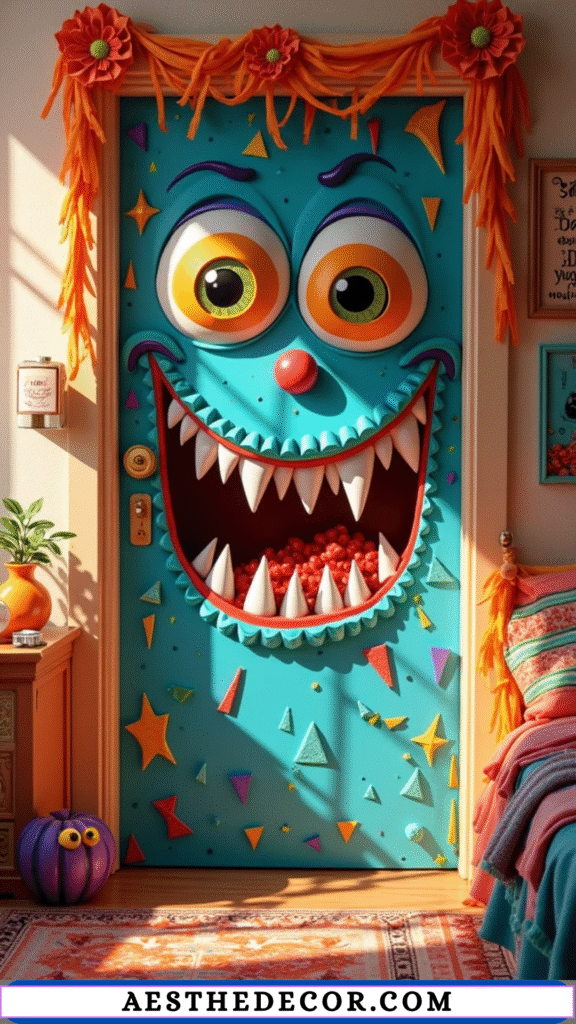 16 Creative DIY Halloween Bedroom Door Ideas for Kids 4 Monster Face Door