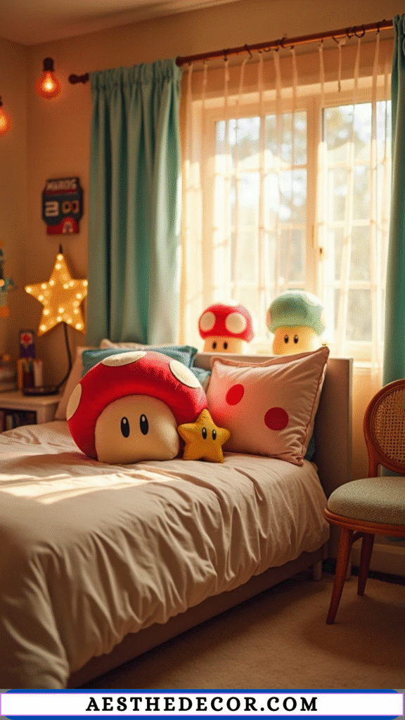 16 Easy Gamer Theme Bedroom Ideas Every Kid Will Love 17 Mushroom & Star Throw Pillows
