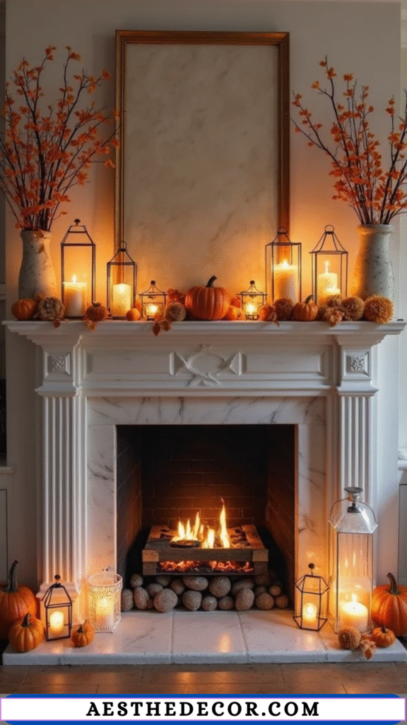 16 Halloween Mantel Decor Ideas for Every Style 33 Neutral Lanterns with Candles