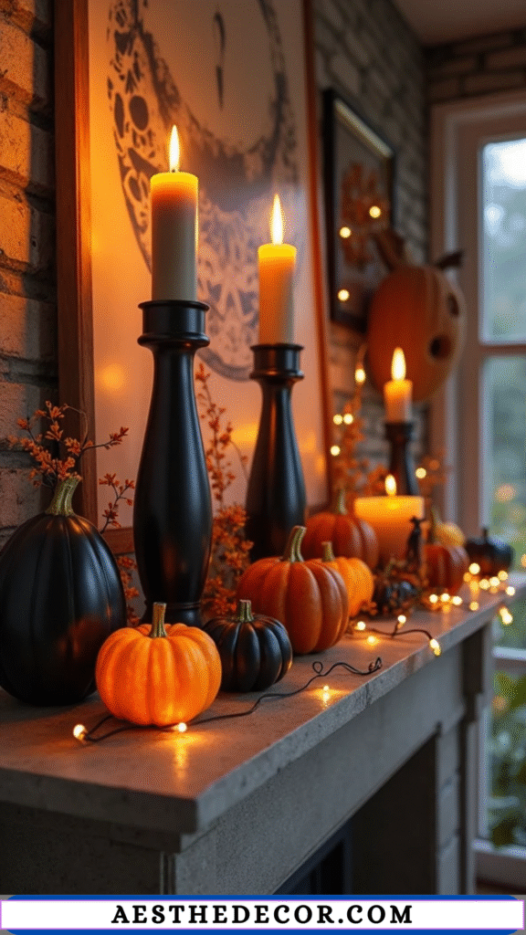 16 Halloween Mantel Decor Ideas for Every Style 3 Sleek Black Candle Holders