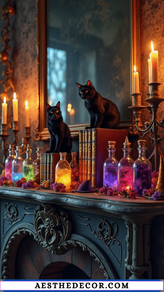 16 Halloween Mantel Decor Ideas for Every Style 17 Spellbook and Potion Bottles