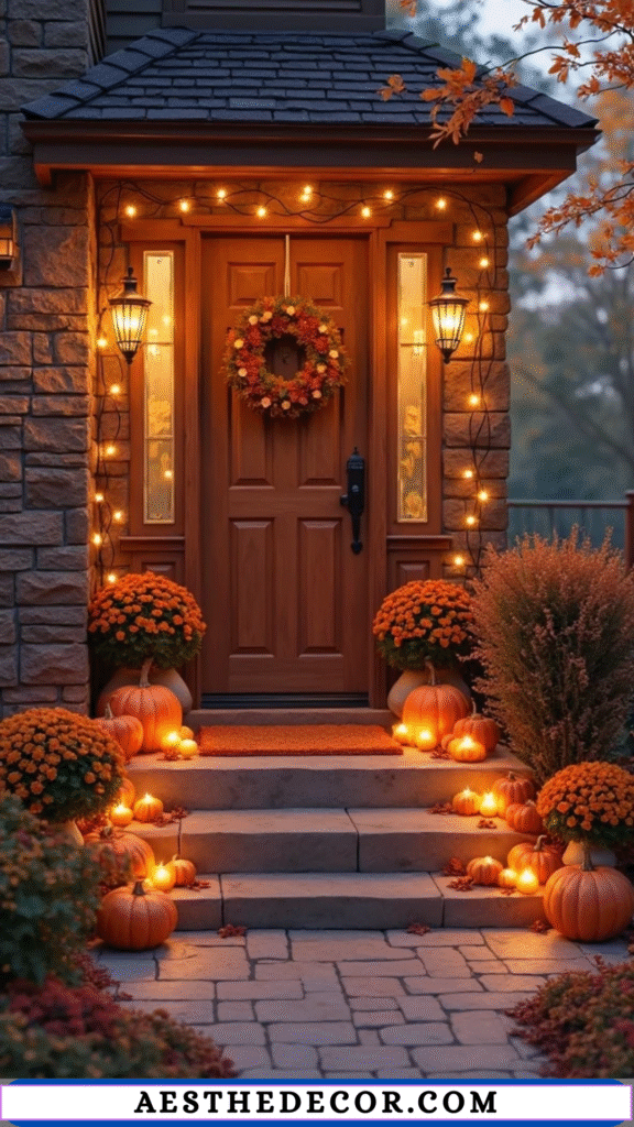15 Cozy Fall Entryway Decor Ideas to Welcome the Season 22 String Lights for Steps