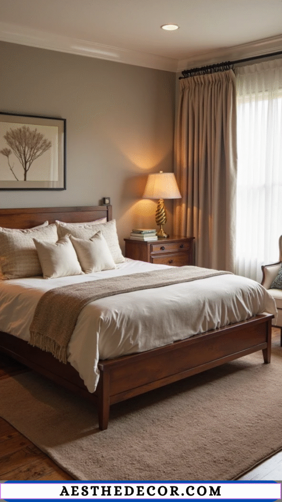 20 Modern Master Bedroom Color Combinations You’ll Love 8 Taupe Walls & Walnut Furniture