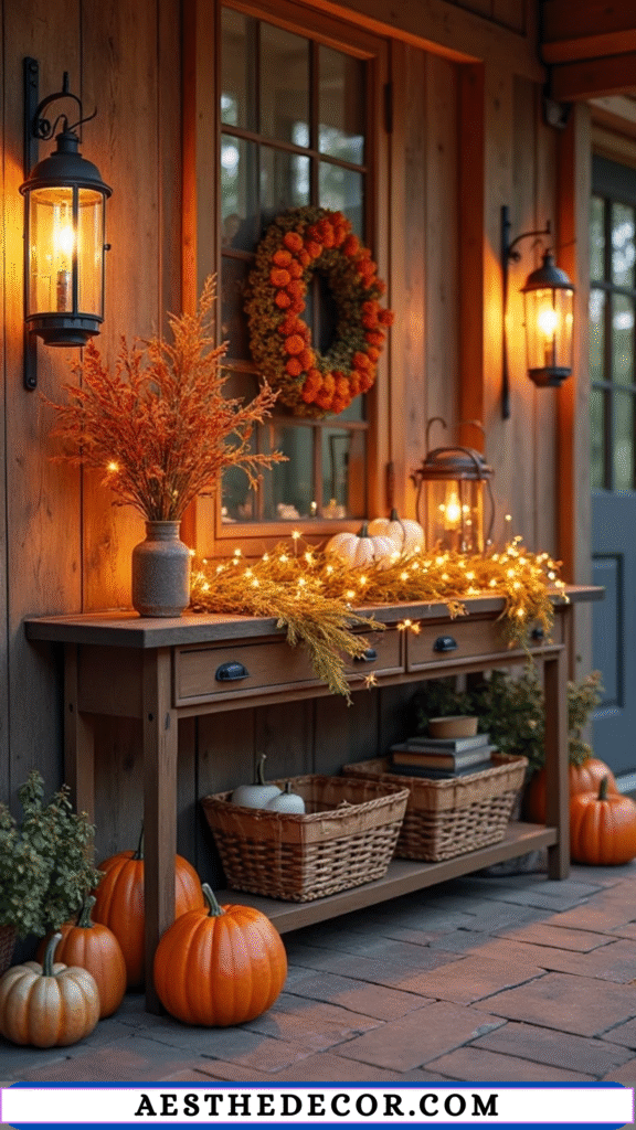 15 Cozy Fall Entryway Decor Ideas to Welcome the Season 7 Warm Lighting Accents