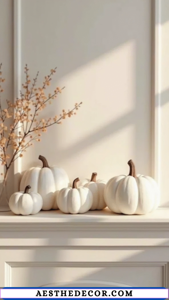 16 Halloween Mantel Decor Ideas for Every Style 27 White Pumpkin Accents
