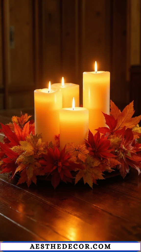 18 DIY Thanksgiving Centerpieces for Table You Can Easily Create Yourself 27 Candle and Leaf Arrangement