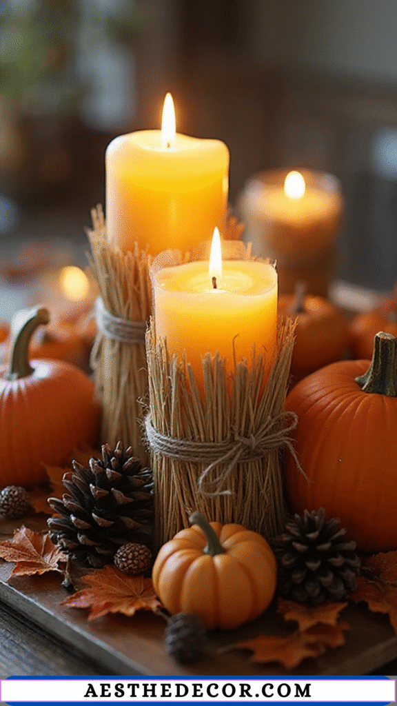 18 DIY Thanksgiving Centerpieces for Table You Can Easily Create Yourself 7 Corn Husk Candle Wraps
