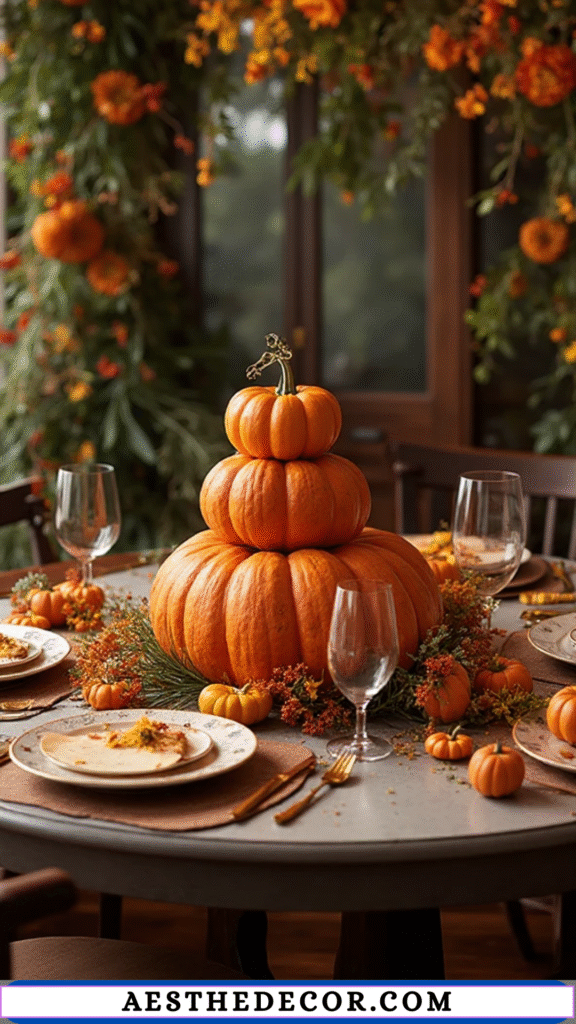 18 DIY Thanksgiving Centerpieces for Table You Can Easily Create Yourself 21 Round Table Pumpkin Stack