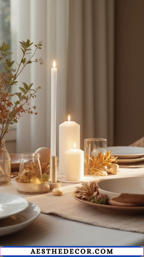 18 Neutral Thanksgiving Table Ideas for Elegance 14 Single Candle Centerpiece