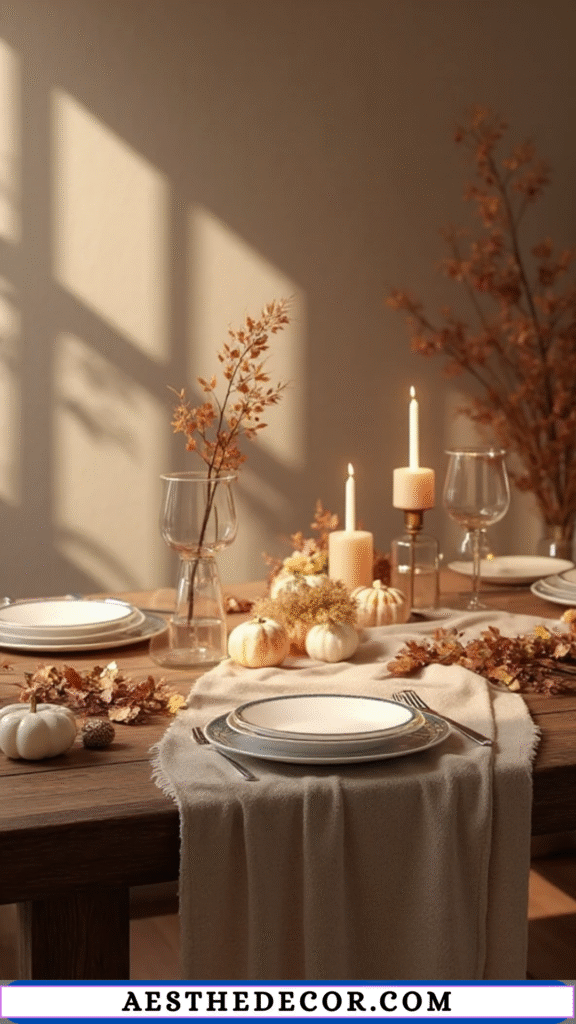 18 Neutral Thanksgiving Table Ideas for Elegance 8 Wooden Table and Neutral Runners